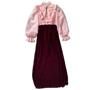 Vintage 60s 70s Dress Maxi Victorian Red Pink Velvet Organza Lorrie Deb XS